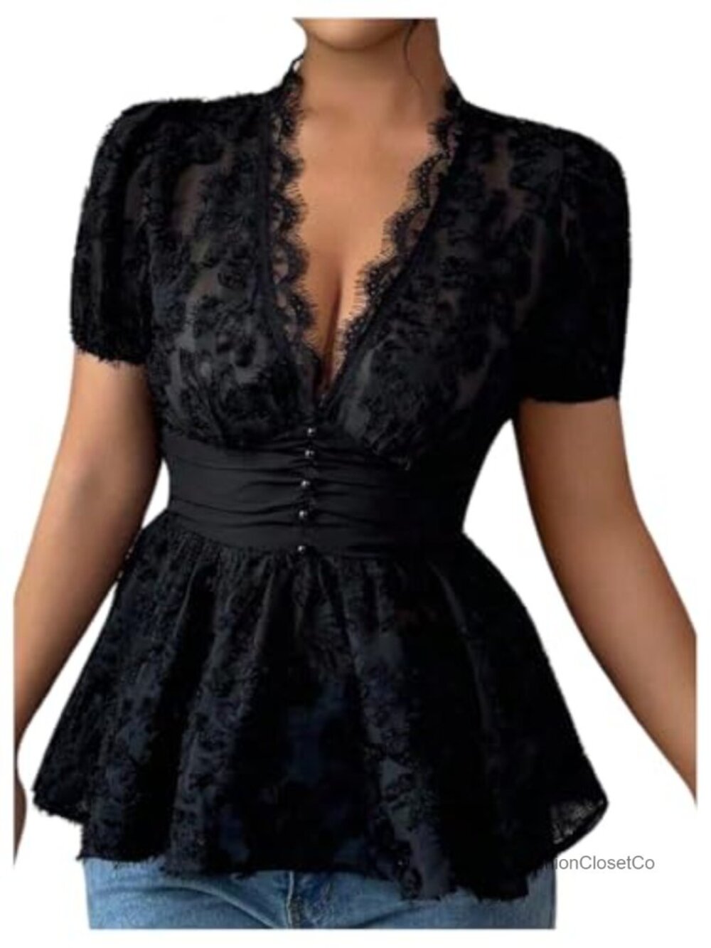 Sheer Lace Ruffle Peplum Babydoll Blouse Short Sleeve V-Neck Button Front